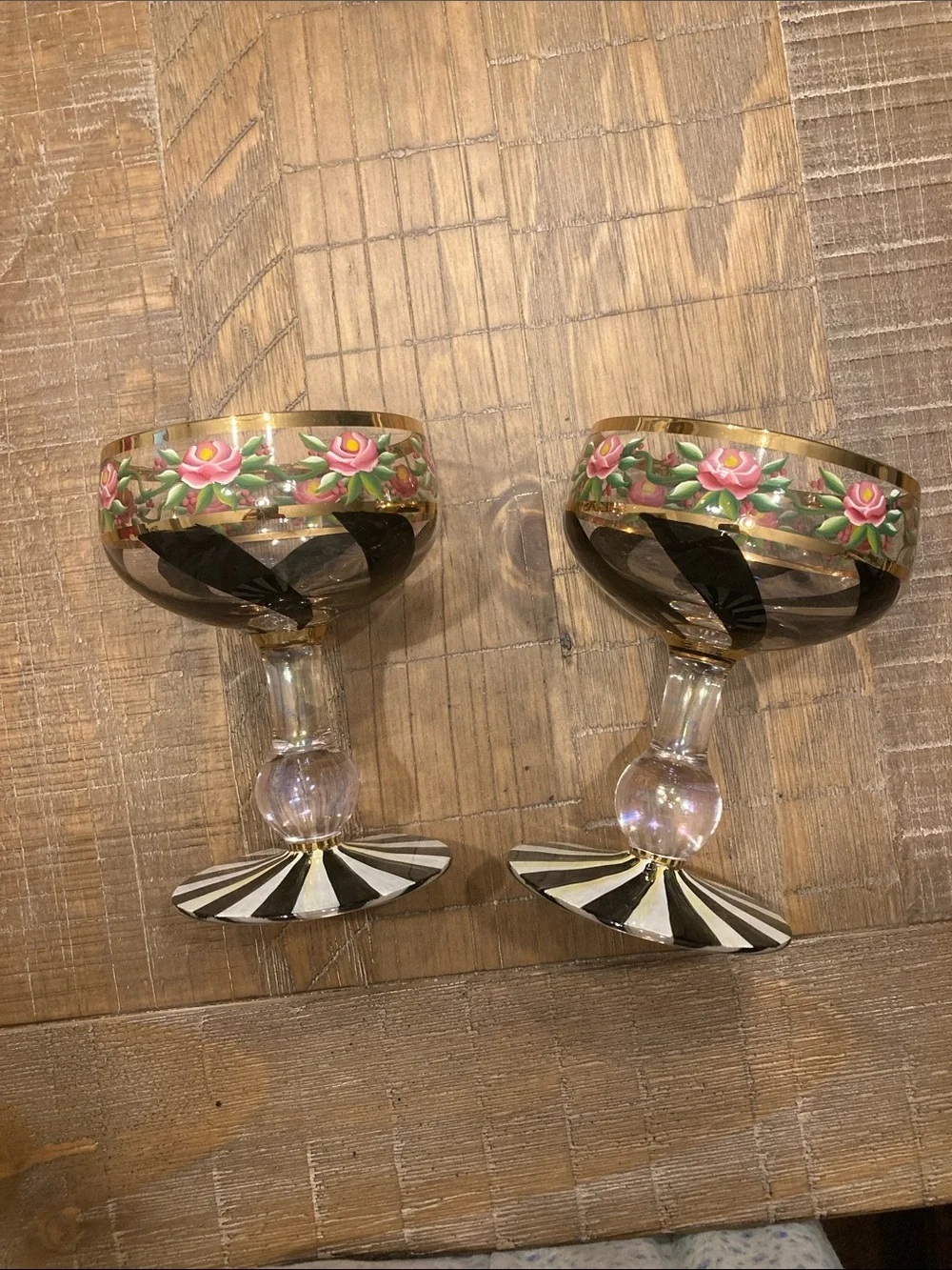 Mackenzie Childs Hand-Painted Floral and Black-White Coupe Glasses Set of 2